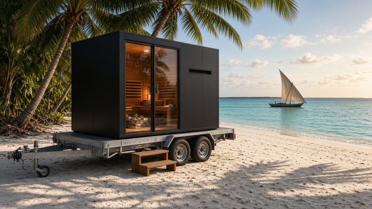 Mobile sauna on a trailer on an Indian Ocean beach