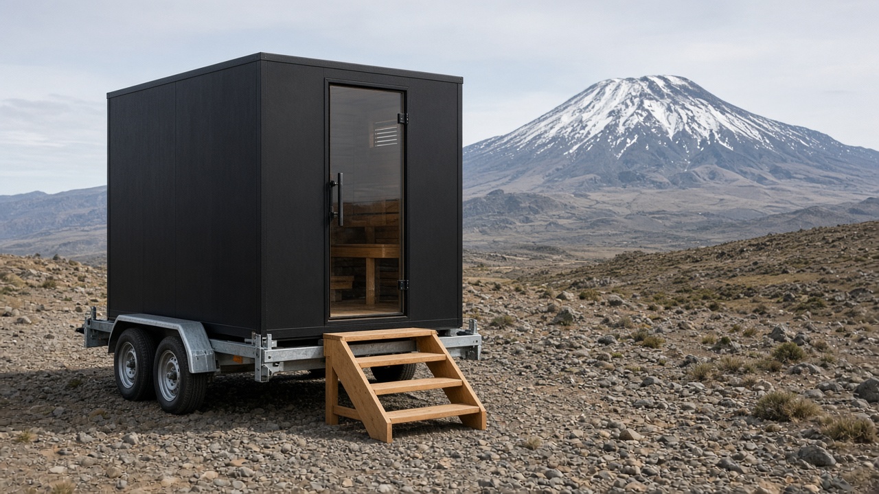 Mobile sauna on a trailer with Kilimanjaro in the background
