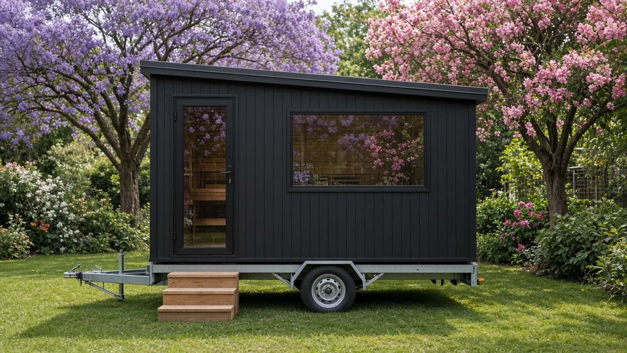 Mobile sauna on a trailer in a Nairobi garden