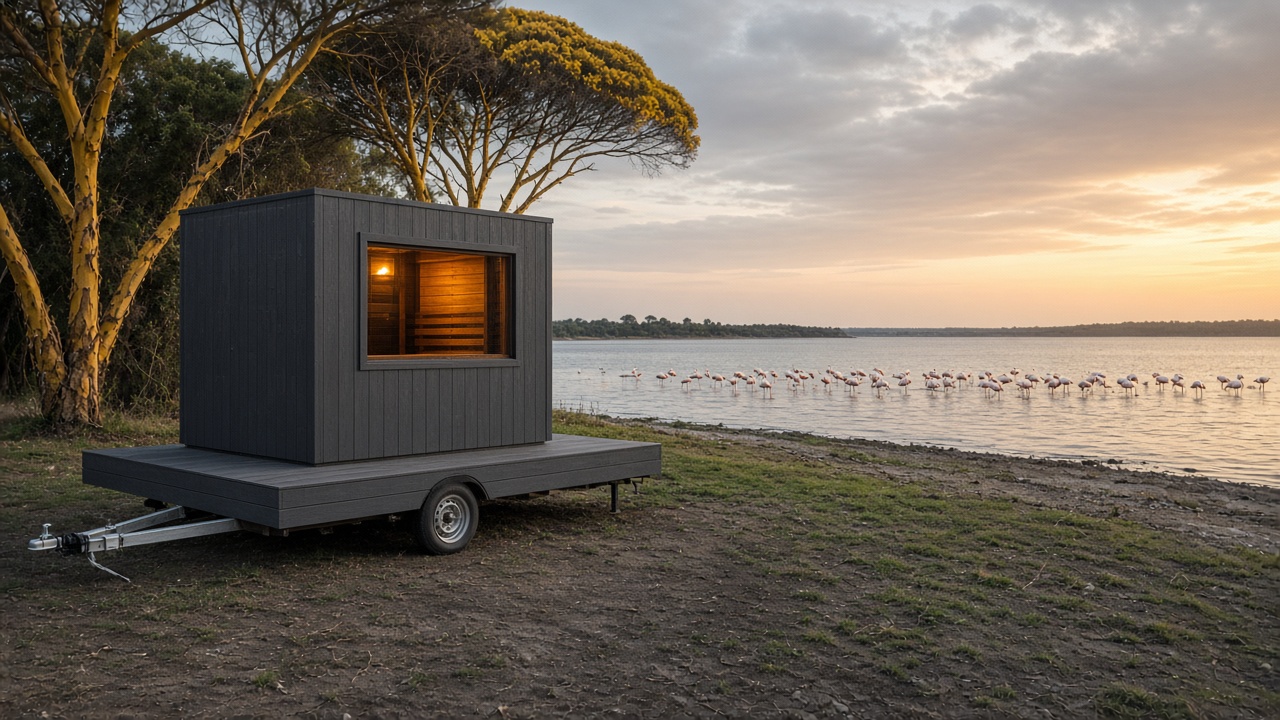 Mobile sauna on a trailer by Lake Naivasha
