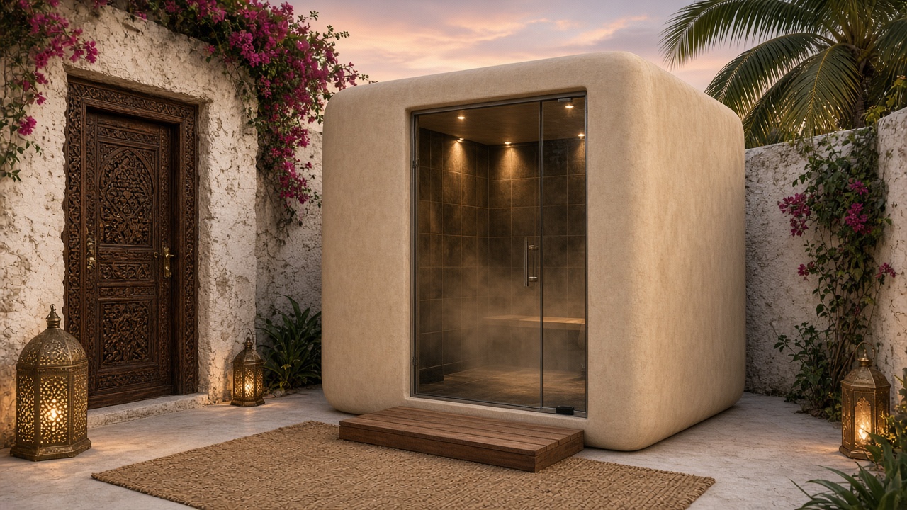 Steam cube in a Zanzibar-style courtyard – concept image